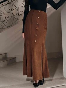 Anewsta 女款秋冬咖啡棕優雅復古鉚釘裝飾魚尾裙，感恩節穿搭、職場通勤辦公穿搭、聖誕派對穿搭 - 咖啡棕 - 查看 6