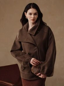 Anewsta Women's Autumn/Winter Short Asymmetric Collar Stand Collar Loose Silhouette Wool Coat - Coffee Brown - View 3