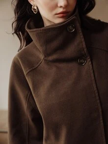 Anewsta Women's Autumn/Winter Short Asymmetric Collar Stand Collar Loose Silhouette Wool Coat - Coffee Brown - View 2