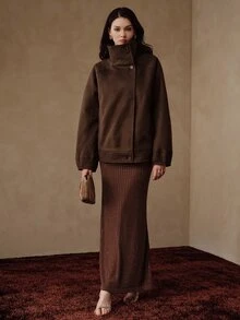 Anewsta Women's Autumn/Winter Short Asymmetric Collar Stand Collar Loose Silhouette Wool Coat - Coffee Brown - View 7