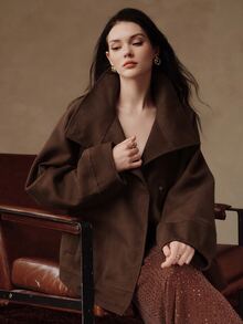 Anewsta Women's Autumn/Winter Short Asymmetric Collar Stand Collar Loose Silhouette Wool Coat - Coffee Brown - View 4