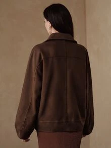 Anewsta Women's Autumn/Winter Short Asymmetric Collar Stand Collar Loose Silhouette Wool Coat - Coffee Brown - View 8