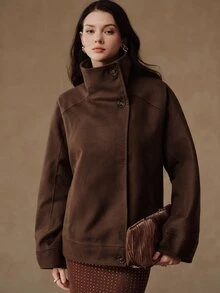 Anewsta Women's Autumn/Winter Short Asymmetric Collar Stand Collar Loose Silhouette Wool Coat - Coffee Brown - View 5
