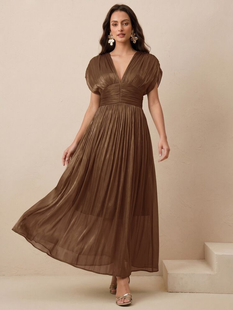Anewsta Women's Summer/Fall Coffee Brown Elegant Romantic V-Neck Pleated Shoulder Strap Sleeve Waist-Flattering Dress Party Dinner Cocktail Wedding Event - Coffee Brown - View 6