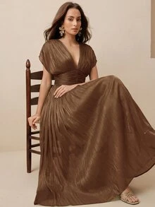 Anewsta 女款夏秋咖啡棕優雅浪漫V領百褶細肩帶修身收腰洋裝，適合派對、晚餐、雞尾酒會、婚禮活動 - 咖啡棕 - 查看 5