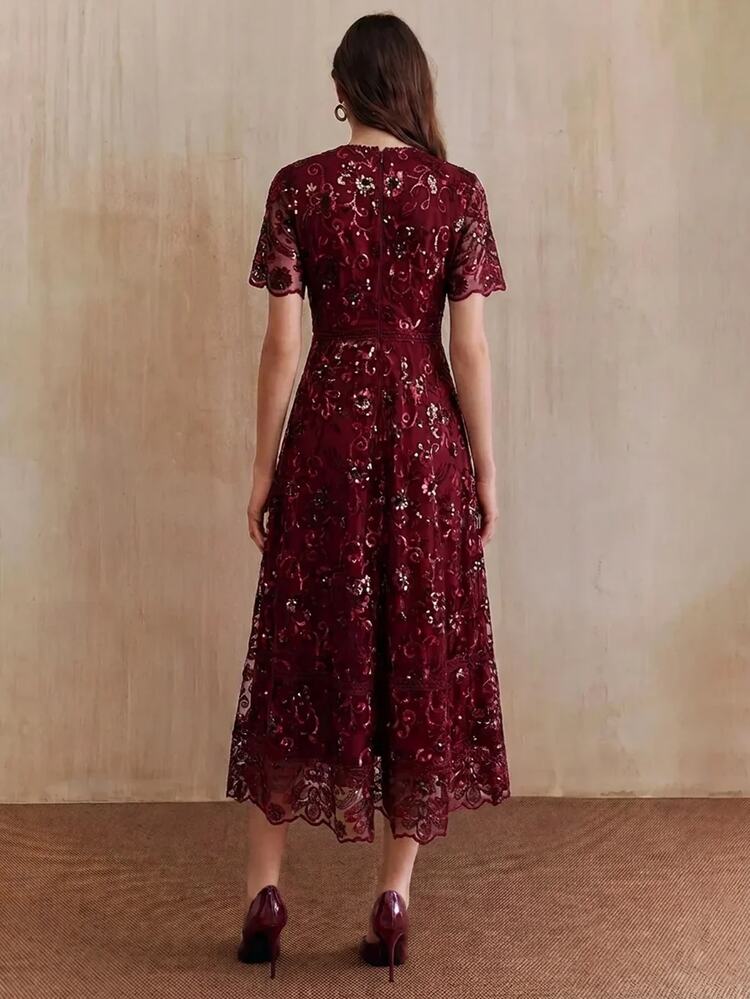 Anewsta Affair Modern Elegant Burgundy Banquet Date 3D Floral Mesh Sequin Short Sleeve Dress For Dinner Evening,Cocktail,Wedding - Burgundy - View 7