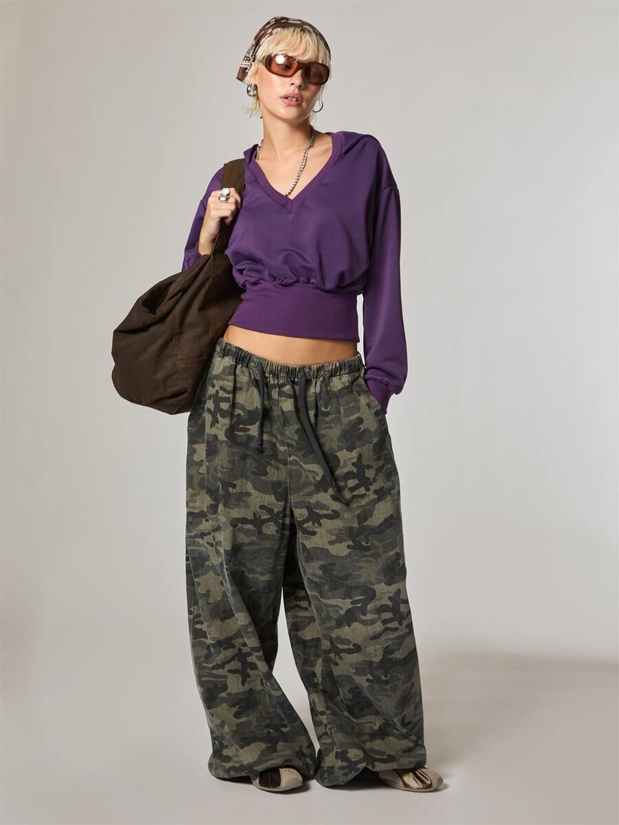 COUREZ V Neck Boxy Sweatshirt /Y2K Colourful Purple Khaki Green Rave Crop Tops Fall Streetwear Women Going Out Everyday Clothes Autumn Outfit - Purple - View 1