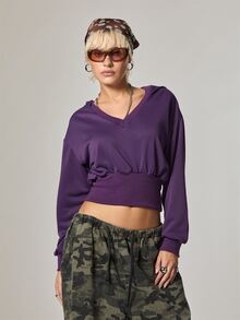 COUREZ V Neck Boxy Sweatshirt /Y2K Colourful Purple Khaki Green Rave Crop Tops Fall Streetwear Women Going Out Everyday Clothes Autumn Outfit - Purple - View 6