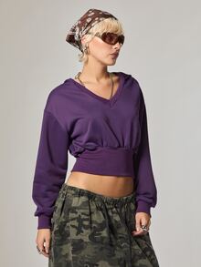 COUREZ V Neck Boxy Sweatshirt /Y2K Colourful Purple Khaki Green Rave Crop Tops Fall Streetwear Women Going Out Everyday Clothes Autumn Outfit - Purple - View 2
