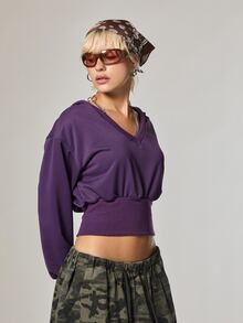 COUREZ V Neck Boxy Sweatshirt /Y2K Colourful Purple Khaki Green Rave Crop Tops Fall Streetwear Women Going Out Everyday Clothes Autumn Outfit - Purple - View 4