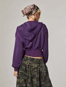 COUREZ V Neck Boxy Sweatshirt /Y2K Colourful Purple Khaki Green Rave Crop Tops Fall Streetwear Women Going Out Everyday Clothes Autumn Outfit - Purple - View 3