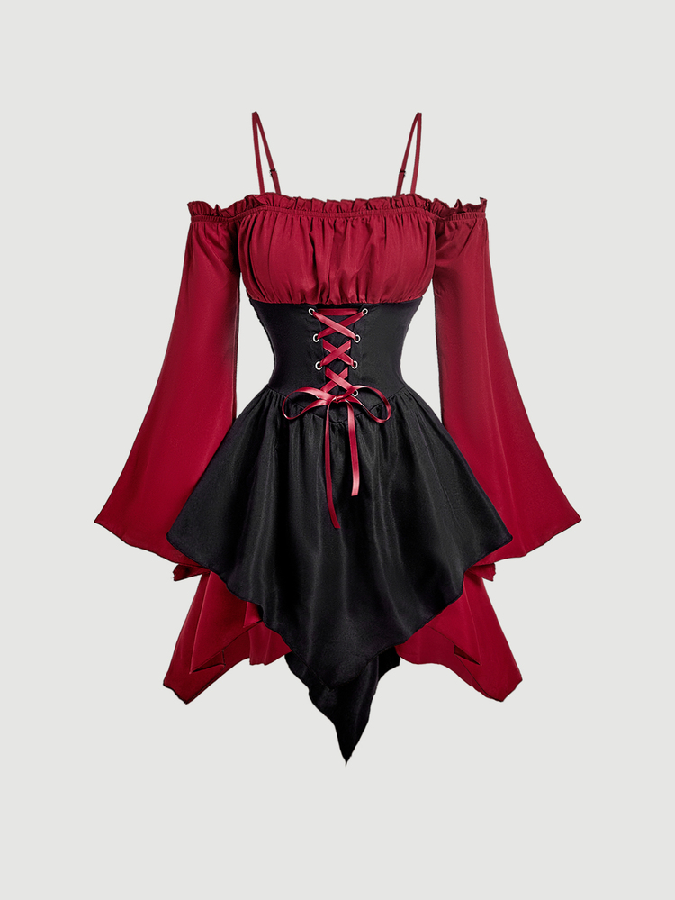 SHEIN MOD Asymmetrical Hem Flare Sleeve Off Shoulder Red And Black Short Dress Halloween Photoshoot Date Autumn Cottagecore - Red and Black - View 3