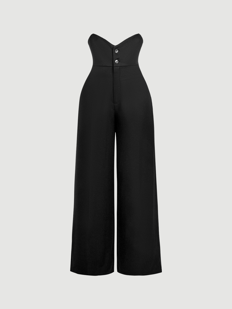 SHEIN MOD 黑色經典吊帶長褲 辦公商務 夏季休閒 專業商務風 - 黑色 - 查看 5