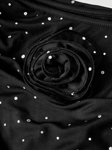 SHEIN MOD Women's Sexy Elegant T-Shirt Black And White Polka Dot Print Asymmetrical Shoulder 3D Floral Decor Ruffle Hem Cocktail Summer Halloween - Black - View 8