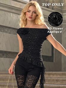 SHEIN MOD Women's Sexy Elegant T-Shirt Black And White Polka Dot Print Asymmetrical Shoulder 3D Floral Decor Ruffle Hem Cocktail Summer Halloween - Black - View 3