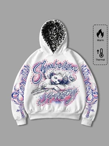ROMWE MEN Men's Printed Pattern Loose Fit Hoodie, Streetwear Vintage - White - View 1