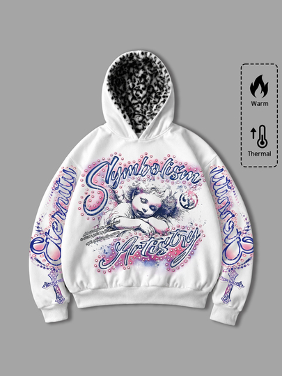 Men's Printed Pattern Loose Fit Hoodie, Streetwear Vintage