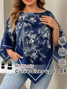 SHEIN CURVE+ Plus Size Women's Plant & Animal Print Boat Neck Asymmetrical Hem Fashion Blouse - Blue - View 3