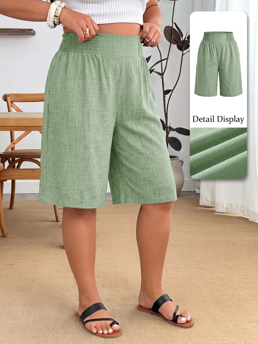 Enliva Plus Size Elastic Waist Woven Casual Soft Form Six-Point Shorts Vacation Sage Green Summer