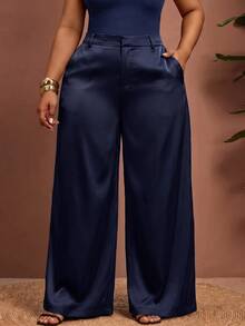 Enliva Plus-Size Women's Wrinkle-Resistant Satin Straight-Leg Loose-Fitting Pants, Perfect For Valentine's Day, Suitable For Pear-Shaped Figures, Brown Satin Pants, Summer Style. - Navy Blue - View 7