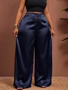 Enliva Plus-Size Women's Wrinkle-Resistant Satin Straight-Leg Loose-Fitting Pants, Perfect For Valentine's Day, Suitable For Pear-Shaped Figures, Brown Satin Pants, Summer Style. - Navy Blue - View 4