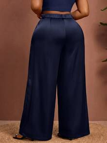 Enliva Plus-Size Women's Wrinkle-Resistant Satin Straight-Leg Loose-Fitting Pants, Perfect For Valentine's Day, Suitable For Pear-Shaped Figures, Brown Satin Pants, Summer Style. - Navy Blue - View 3