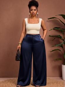 Enliva Plus-Size Women's Wrinkle-Resistant Satin Straight-Leg Loose-Fitting Pants, Perfect For Valentine's Day, Suitable For Pear-Shaped Figures, Brown Satin Pants, Summer Style. - Navy Blue - View 6