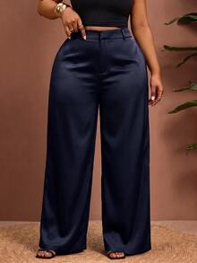 Enliva Plus-Size Women's Wrinkle-Resistant Satin Straight-Leg Loose-Fitting Pants, Perfect For Valentine's Day, Suitable For Pear-Shaped Figures, Brown Satin Pants, Summer Style. - Navy Blue - View 5