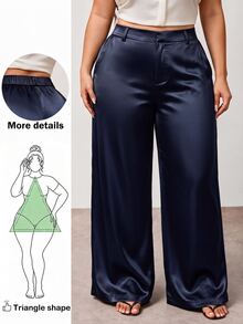Enliva Plus-Size Women's Wrinkle-Resistant Satin Straight-Leg Loose-Fitting Pants, Perfect For Valentine's Day, Suitable For Pear-Shaped Figures, Brown Satin Pants, Summer Style. - Navy Blue - View 9