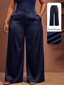 Enliva Plus-Size Women's Wrinkle-Resistant Satin Straight-Leg Loose-Fitting Pants, Perfect For Valentine's Day, Suitable For Pear-Shaped Figures, Brown Satin Pants, Summer Style. - Navy Blue - View 2