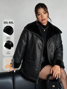 SHEIN CURVE+ Plus Size Plain Front Zipper Long Sleeve Pocket Casual Jacket In Fall/Winter - Black - View 1