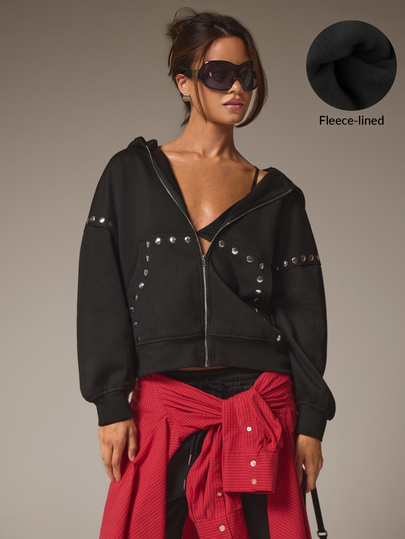 Athîral Women's Loose Hooded Sweatshirt With Rivet Eyelet Details And Front Center Pocket, Suitable For Casual Style Comfortable Wear In Autumn/Winter