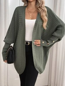 Sprig & Strand Áo cardigan nữ màu trơn dáng rộng đa năng phong cách tối giản với tay phồng - xanh quân đội - Xem 1