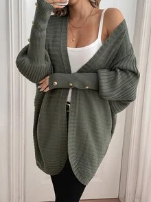 Sprig & Strand Áo cardigan nữ màu trơn dáng rộng đa năng phong cách tối giản với tay phồng - xanh quân đội - Xem 4