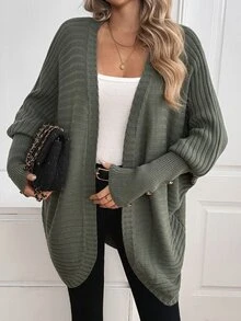 Sprig & Strand Áo cardigan nữ màu trơn dáng rộng đa năng phong cách tối giản với tay phồng - xanh quân đội - Xem 3