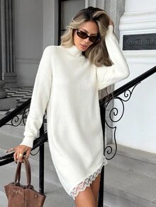 Sprig & Strand Women's Lace Patchwork Casual Daily Knit Dress - White - View 3
