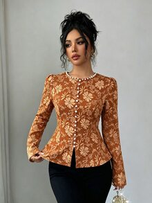 Elenzga 女款提花布料春夏新款法式風格獨特優雅高端奢華時尚百搭青春洗練精緻白色襯衫，小圓領珍珠裝飾設計，前襟鈕扣裝飾設計，下擺開衩設計，適合20-35+女性聚會、派對、日常通勤、畢業季（隨機印花） - 棕色 - 查看 7