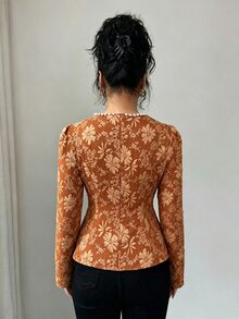 Elenzga 女款提花布料春夏新款法式風格獨特優雅高端奢華時尚百搭青春洗練精緻白色襯衫，小圓領珍珠裝飾設計，前襟鈕扣裝飾設計，下擺開衩設計，適合20-35+女性聚會、派對、日常通勤、畢業季（隨機印花） - 棕色 - 查看 2