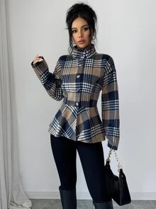 Elenzga 優雅休閒格紋收腰鈕扣夾克 辦公商務風 白色與海軍藍 秋季款 - 卡其色 - 查看 6