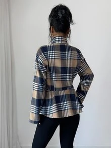 Elenzga 優雅休閒格紋收腰鈕扣夾克 辦公商務風 白色與海軍藍 秋季款 - 卡其色 - 查看 2