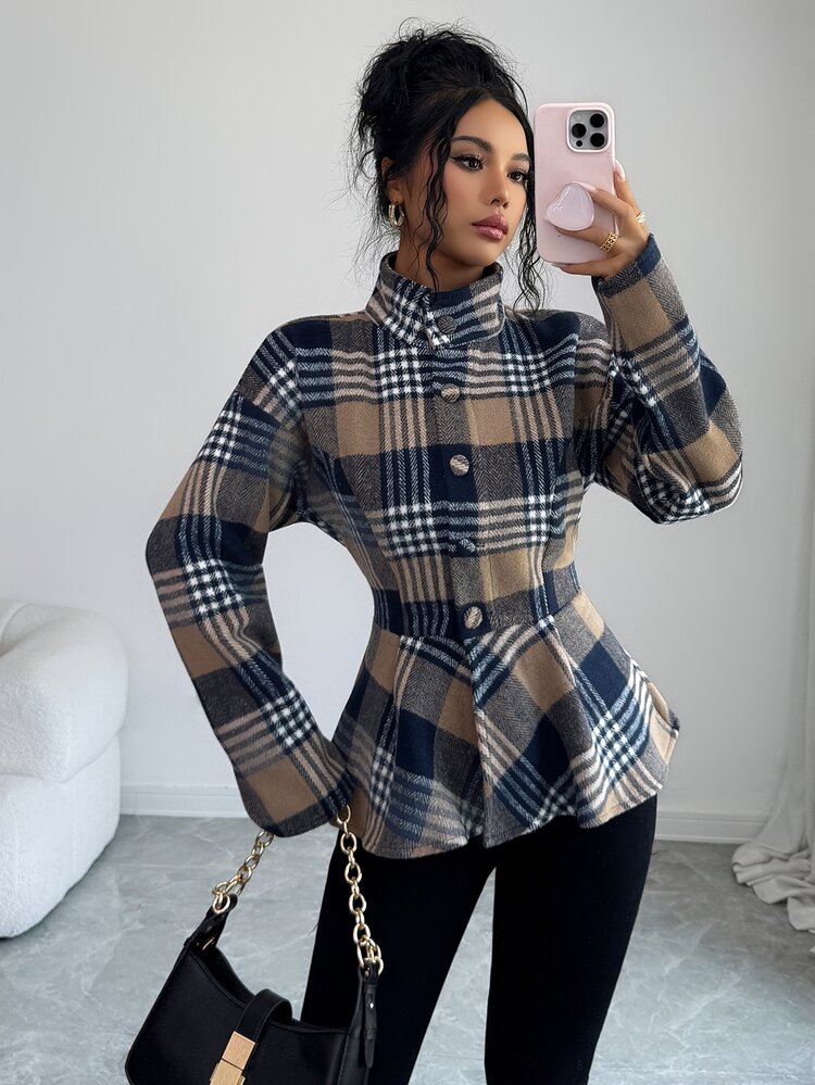 Elenzga Elegant Casual Plaid Button-Up Waist-Cinching Jacket Office Business White And Navy Fall - Khaki - View 4