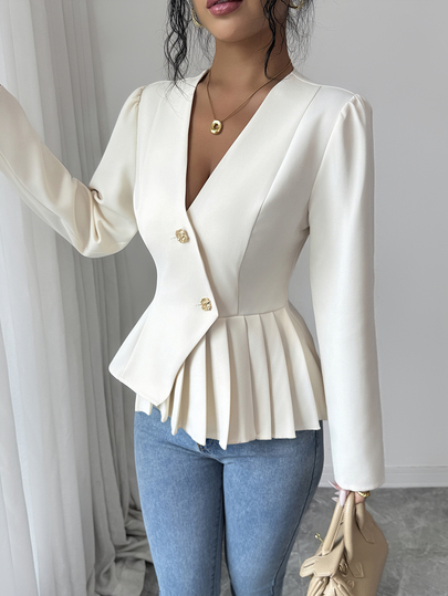 Elenzga Women's Solid Color V-Neck Casual Business Casual Elegant Versatile Long Sleeve Cardigan Office Off-White Fall Business