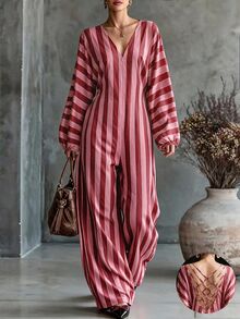 Flora Isola Flora Isola French Vintage Colorblock Striped Backless Adjustable Tie Deep V Neck Slimming High Waist Country Vacation One-Piece Wide Leg Jumpsuit - Multicolor - View 4