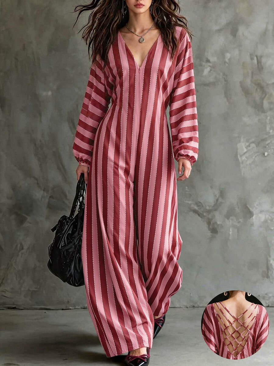 Flora Isola Flora Isola French Vintage Colorblock Striped Backless Adjustable Tie Deep V Neck Slimming High Waist Country Vacation One-Piece Wide Leg Jumpsuit - Multicolor - View 1