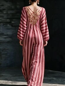 Flora Isola Flora Isola French Vintage Colorblock Striped Backless Adjustable Tie Deep V Neck Slimming High Waist Country Vacation One-Piece Wide Leg Jumpsuit - Multicolor - View 2