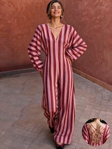 Flora Isola Flora Isola French Vintage Colorblock Striped Backless Adjustable Tie Deep V Neck Slimming High Waist Country Vacation One-Piece Wide Leg Jumpsuit - Multicolor - View 5