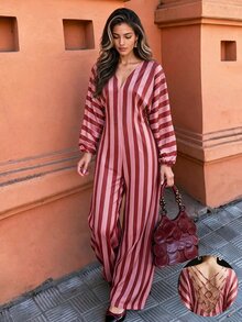 Flora Isola Flora Isola French Vintage Colorblock Striped Backless Adjustable Tie Deep V Neck Slimming High Waist Country Vacation One-Piece Wide Leg Jumpsuit - Multicolor - View 6