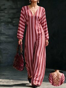 Flora Isola Flora Isola French Vintage Colorblock Striped Backless Adjustable Tie Deep V Neck Slimming High Waist Country Vacation One-Piece Wide Leg Jumpsuit - Multicolor - View 3