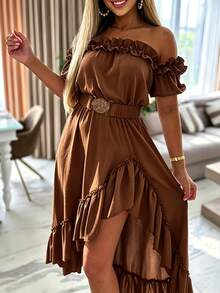 Louniche Summer Elegant Solid Color Off-Shoulder Ruffle Hem Dress - Coffee - View 3