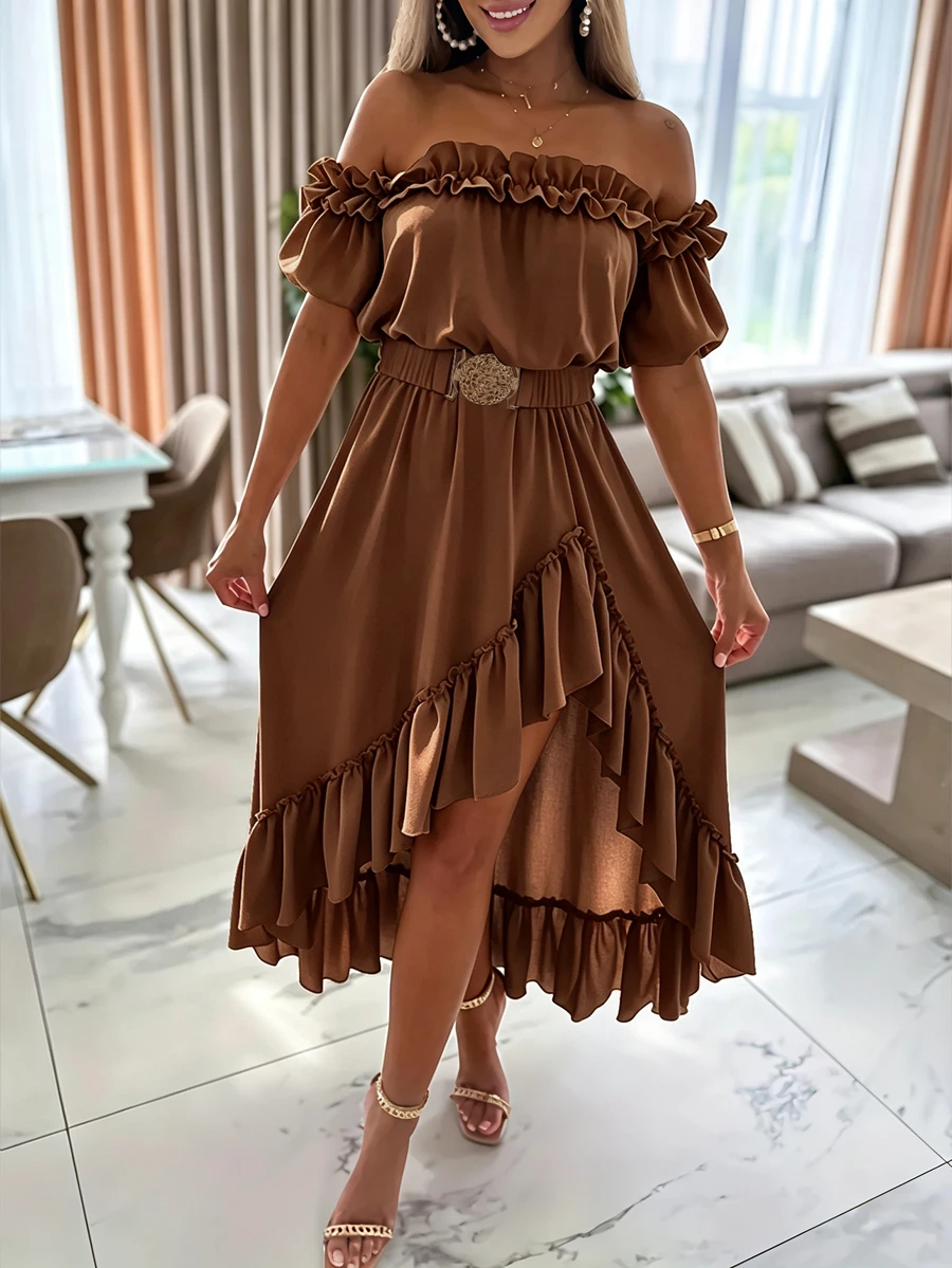 Louniche Summer Elegant Solid Color Off-Shoulder Ruffle Hem Dress - Coffee - View 1